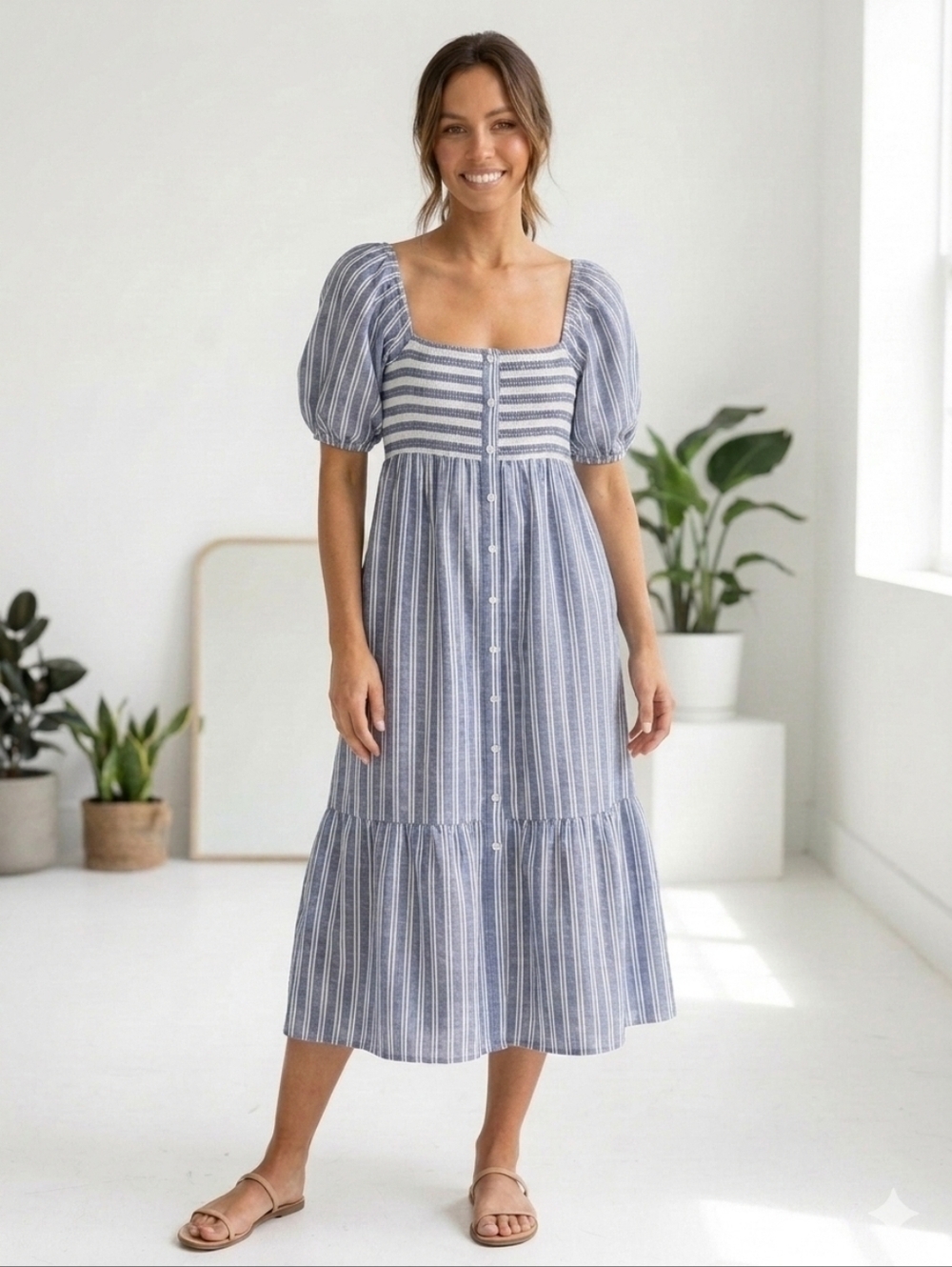 Emerson Fry Love Tomas Cotton Smock Striped Maxi Cottagecore Ruffle Dress XS S